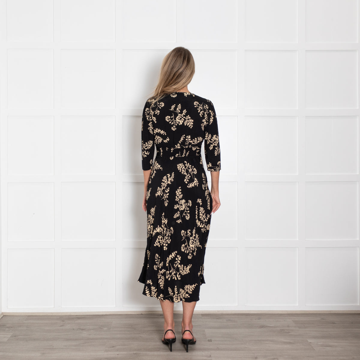 Ba&sh Black Ivory Floral Print Sleeved Midi Dress