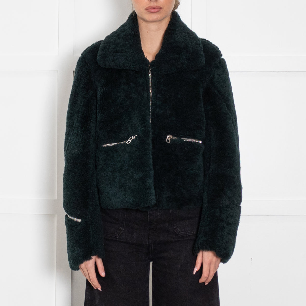 Sandro Dark Green Sheepskin Zip Up Short Jacket