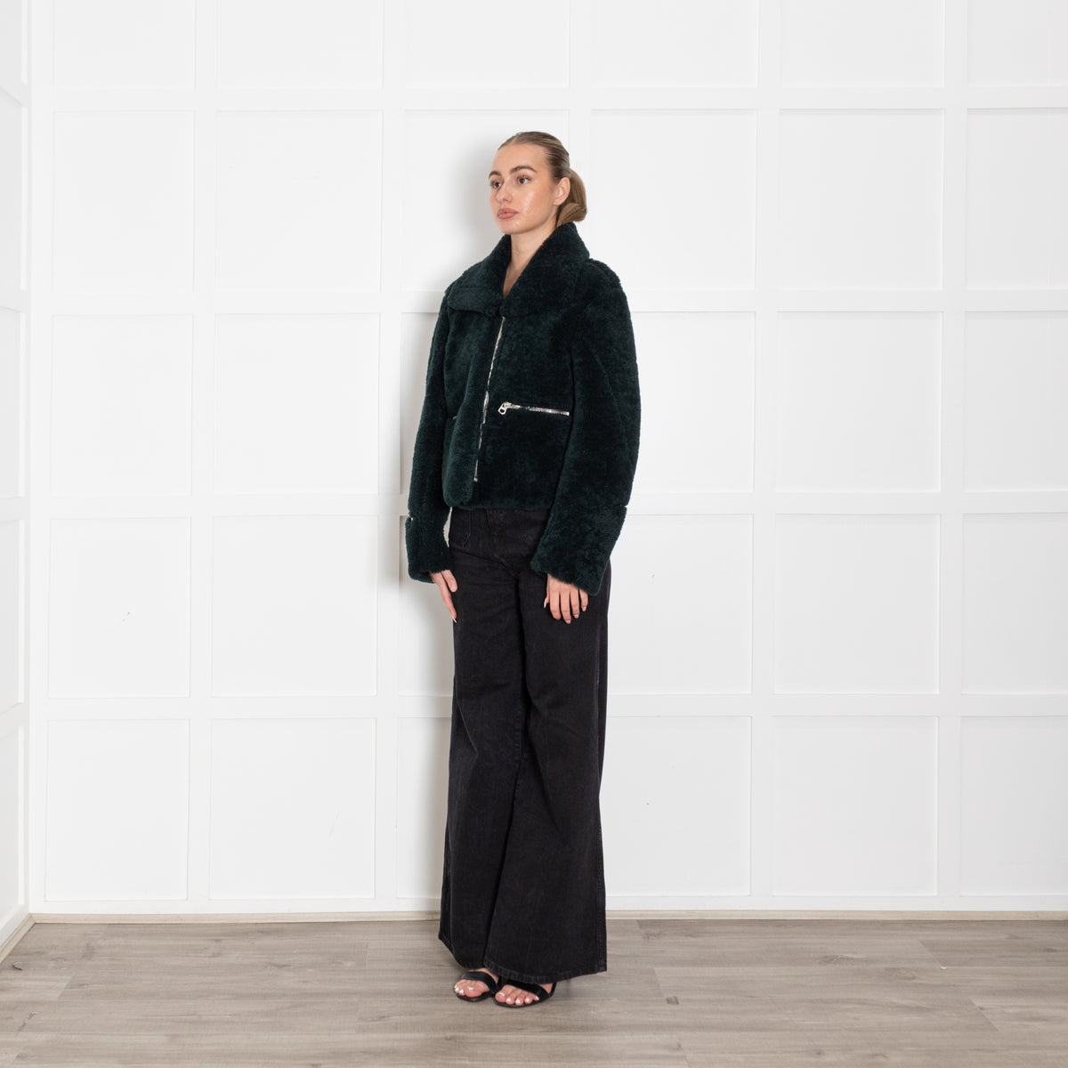 Sandro Dark Green Sheepskin Zip Up Short Jacket