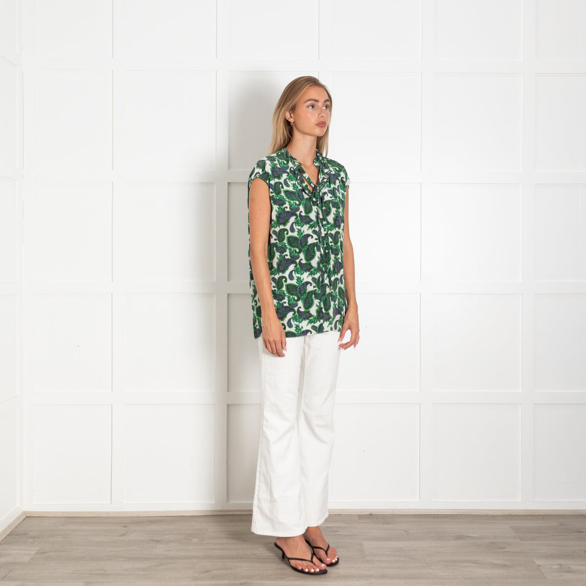 Sandro White Green Floral Front Back Slits Silk Top
