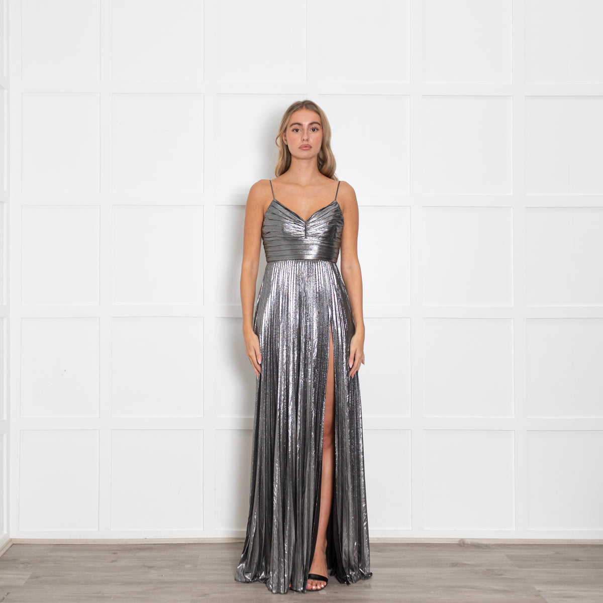 Retrofete Silver Lame Maxi Dress with Micro Pleat Skirt