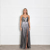 Retrofete Silver Lame Maxi Dress with Micro Pleat Skirt