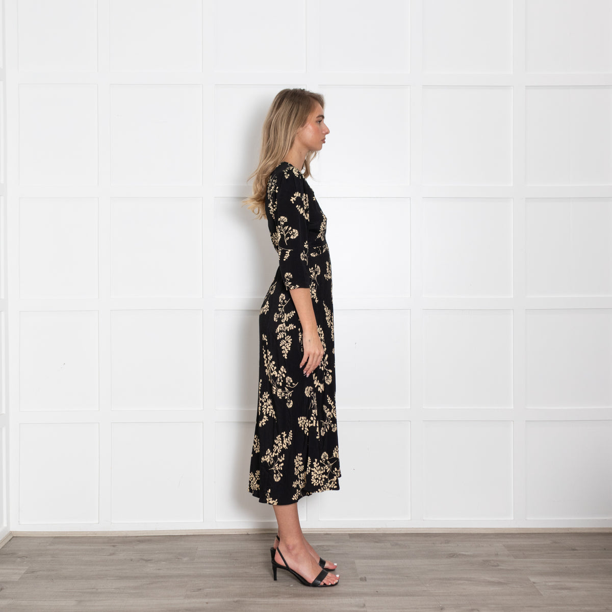 Ba&sh Black Ivory Floral Print Sleeved Midi Dress