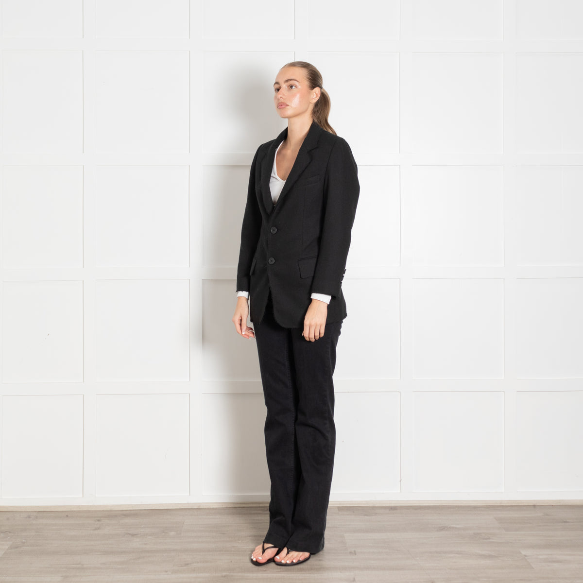 Hyein Seo Black Raw Edged Wool Blazer Jacket