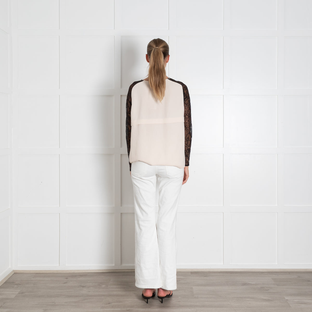 Maje Beige Black Lace Sleeve Top