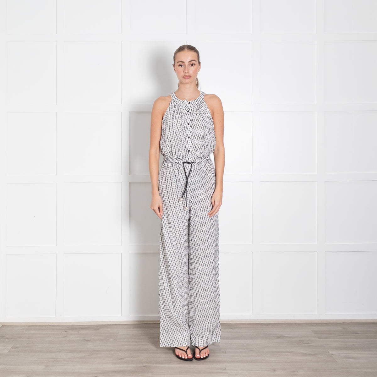 Me + Em White Black Flecks Silk Blend Sleeveless Jumpsuit