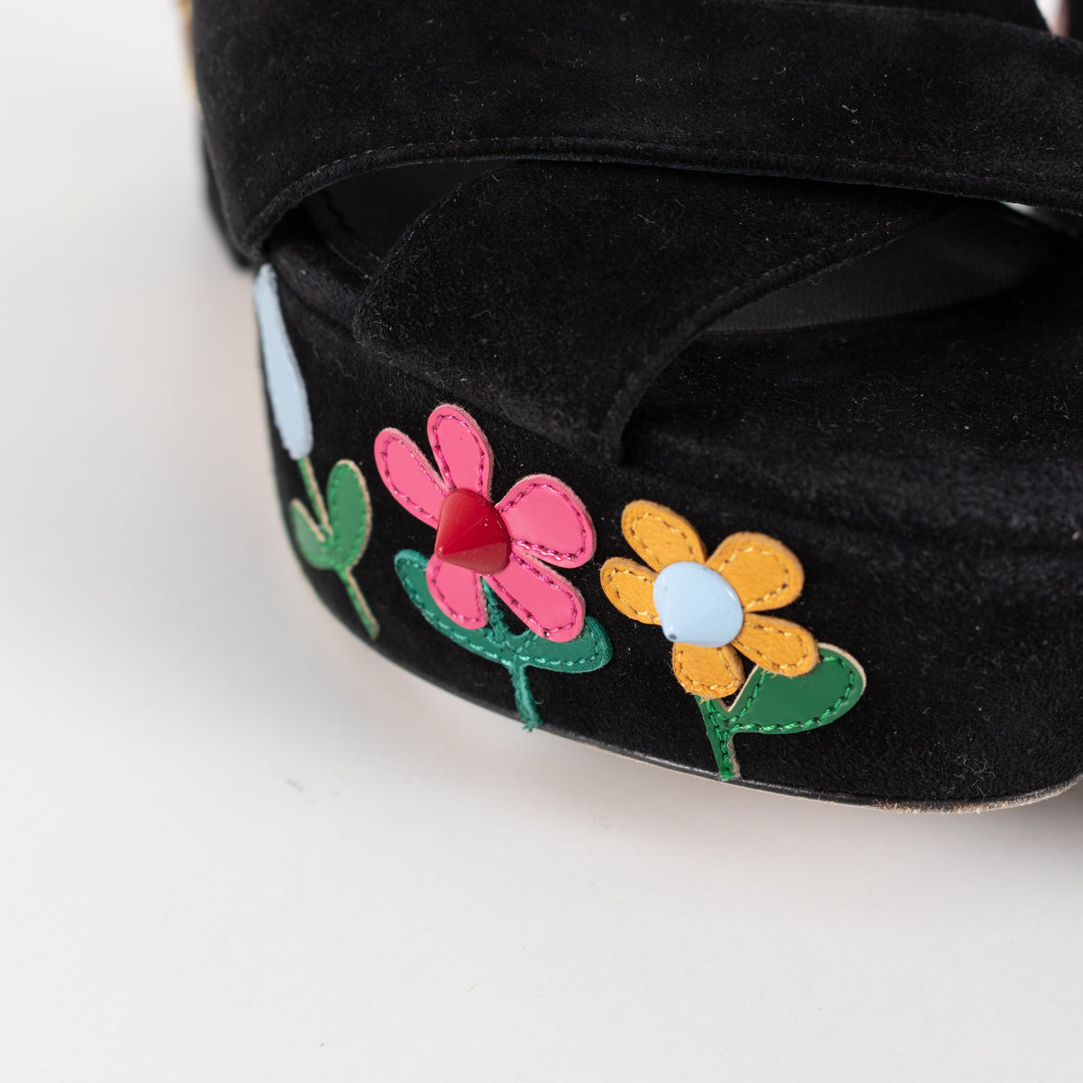Dolce & Gabbana Black Suede Floral Embellished Wedge Sandals