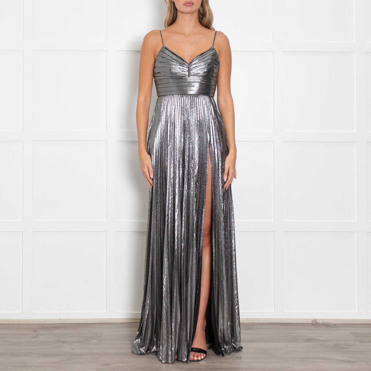 Retrofete Silver Lame Maxi Dress with Micro Pleat Skirt