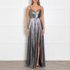 Retrofete Silver Lame Maxi Dress with Micro Pleat Skirt