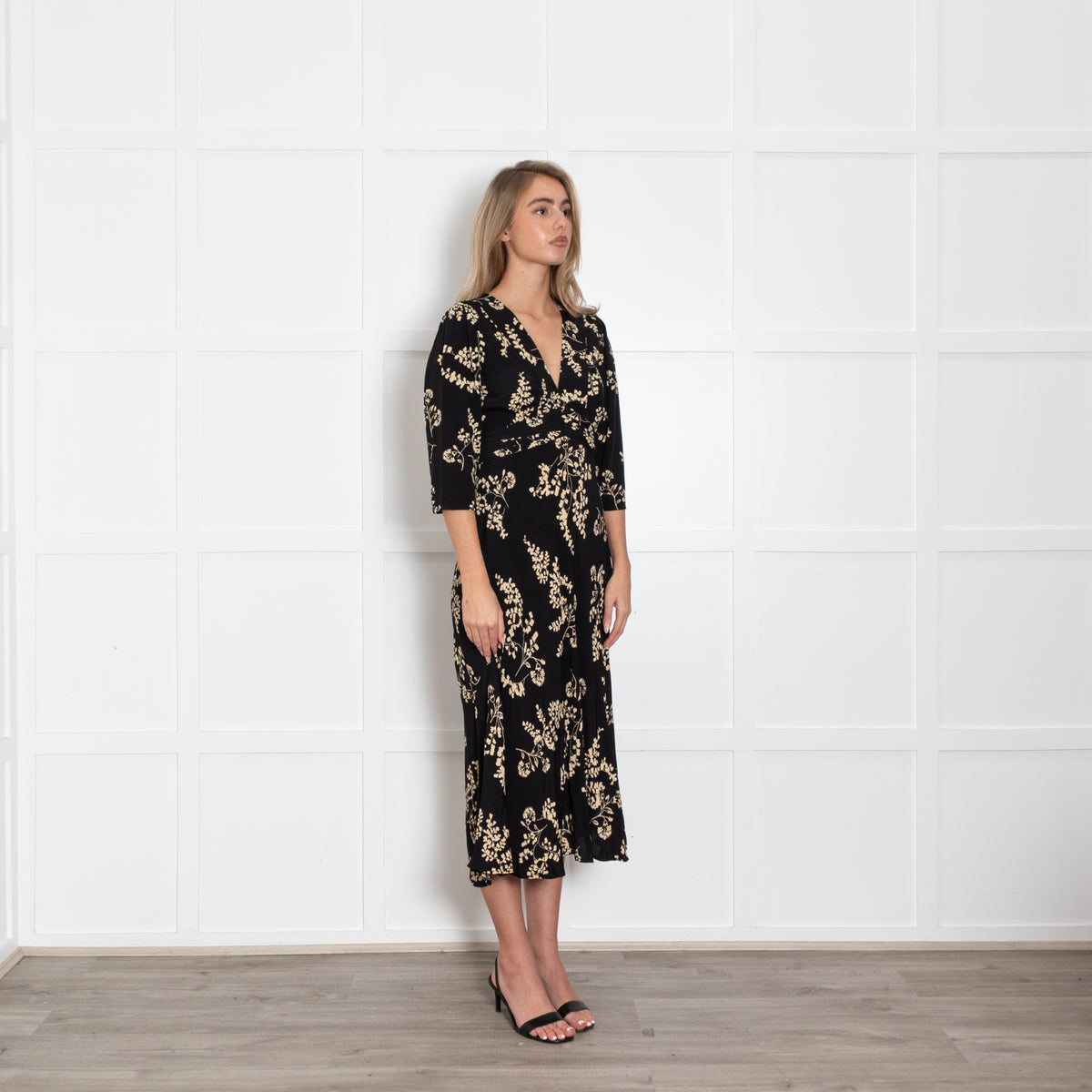 Ba&sh Black Ivory Floral Print Sleeved Midi Dress