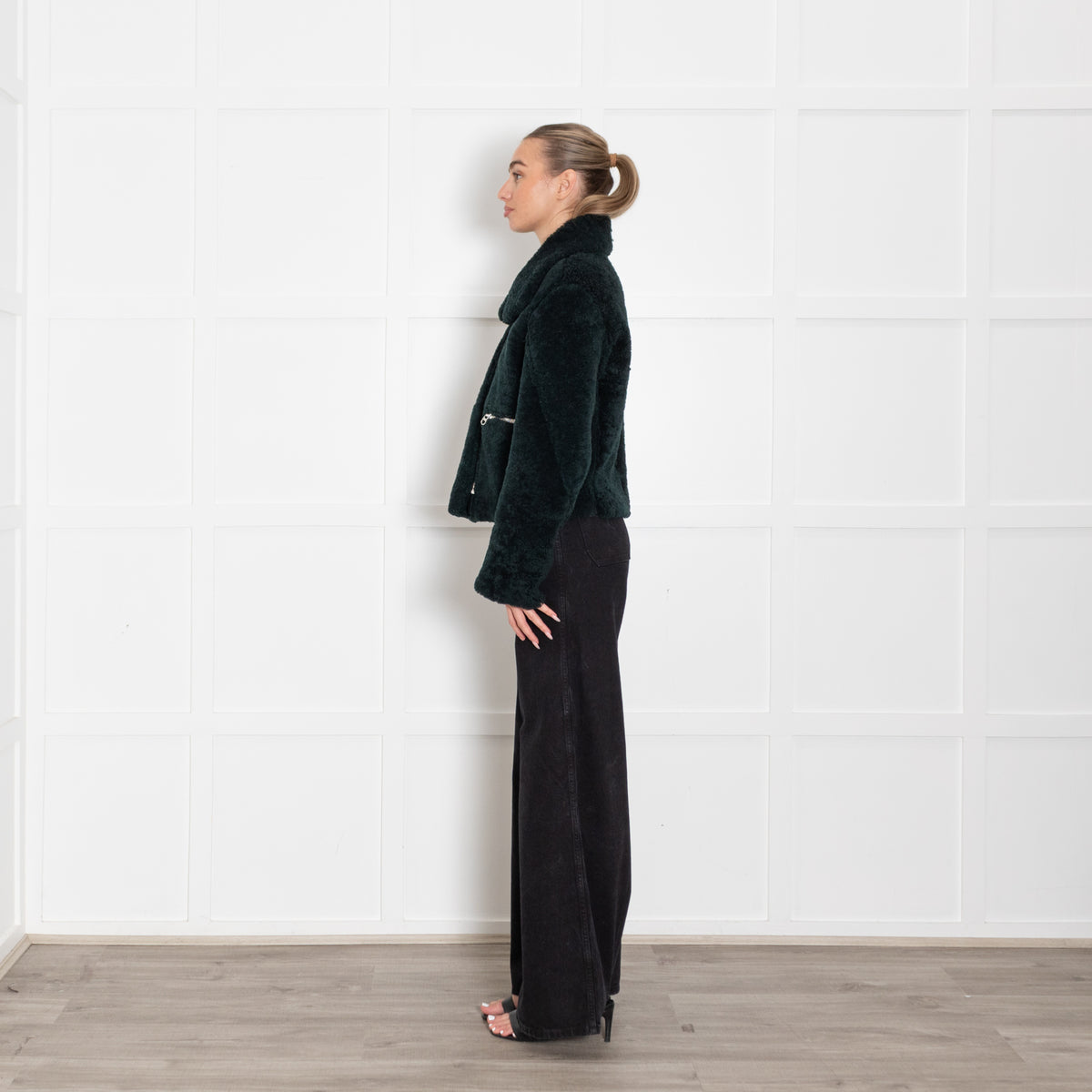 Sandro Dark Green Sheepskin Zip Up Short Jacket