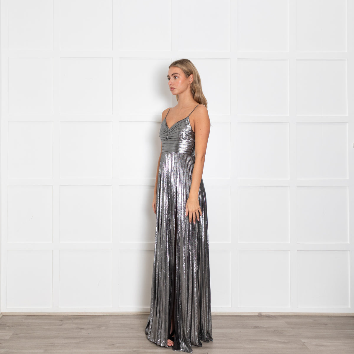 Retrofete Silver Lame Maxi Dress with Micro Pleat Skirt
