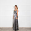 Retrofete Silver Lame Maxi Dress with Micro Pleat Skirt