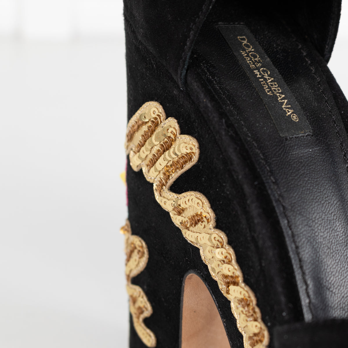 Dolce & Gabbana Black Suede Floral Embellished Wedge Sandals