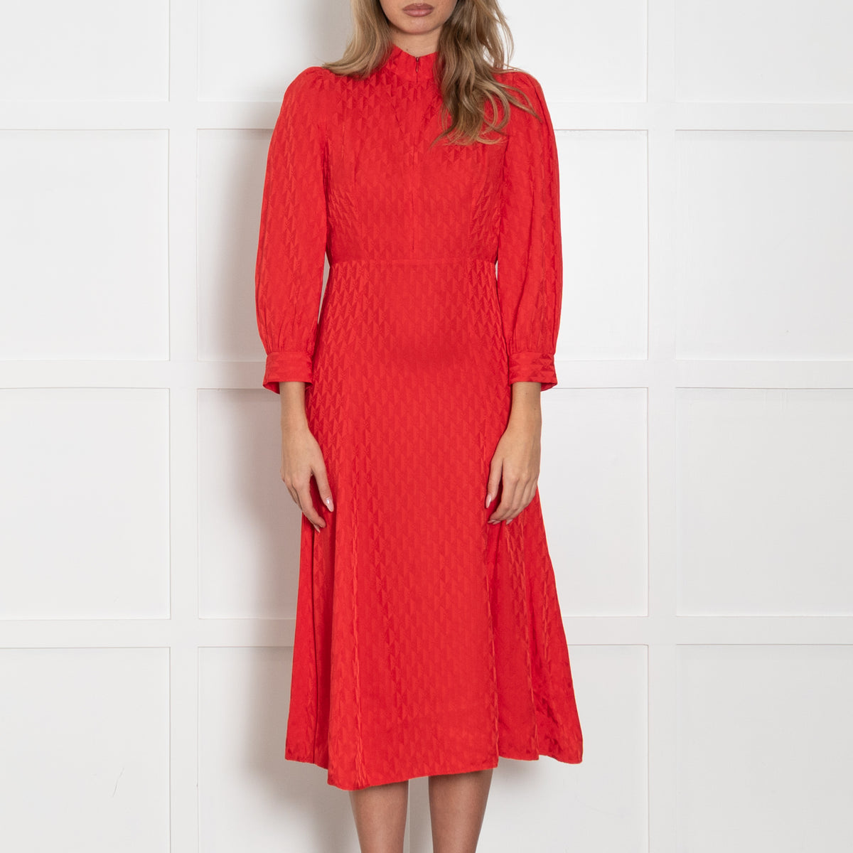 Sandro Hot Red Heart Motif Zip Neck Sleeved Dress