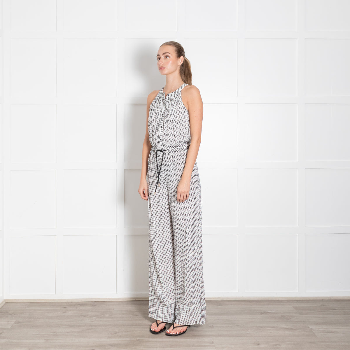 Me + Em White Black Flecks Silk Blend Sleeveless Jumpsuit
