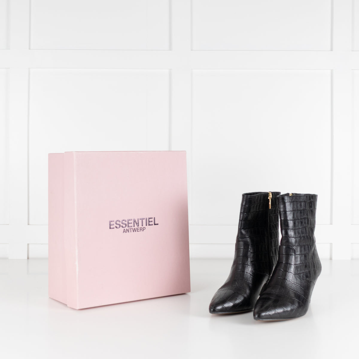 Essentiel Antwerp Black Croc Effect Ankle Boots