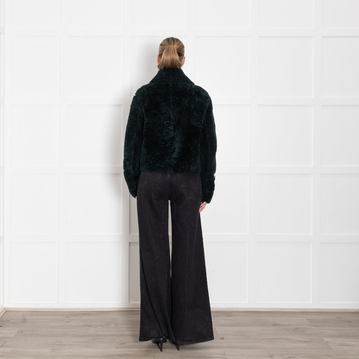 Sandro Dark Green Sheepskin Zip Up Short Jacket