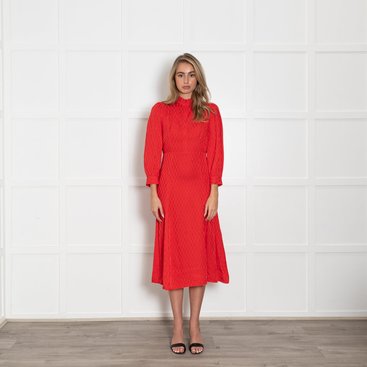 Sandro Hot Red Heart Motif Zip Neck Sleeved Dress