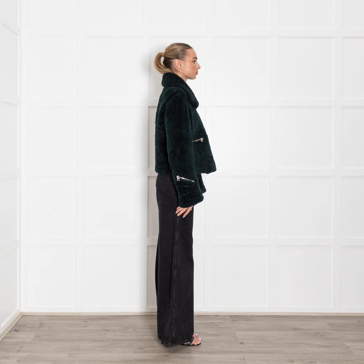 Sandro Dark Green Sheepskin Zip Up Short Jacket