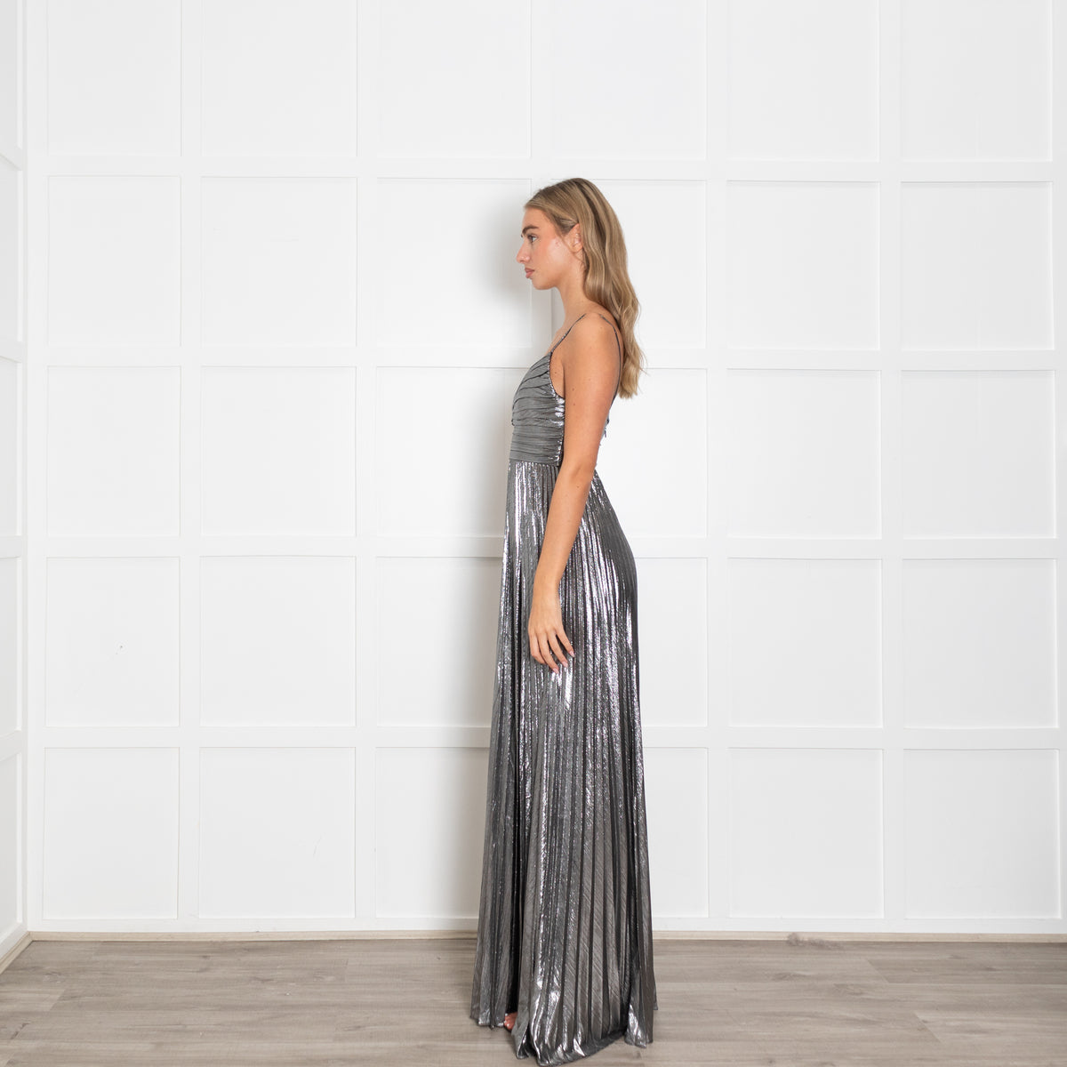 Retrofete Silver Lame Maxi Dress with Micro Pleat Skirt