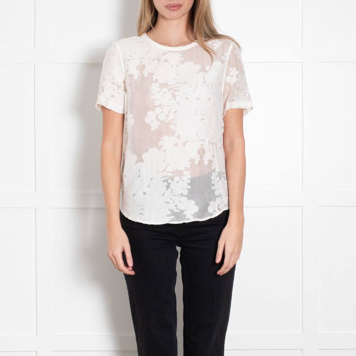 Equipment Cream Textured Floral Sheer Short Sleeve Top