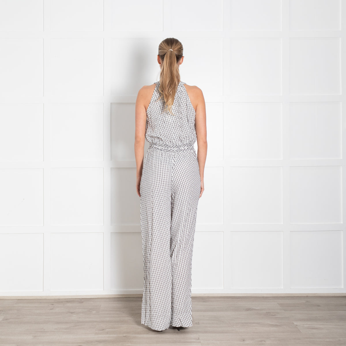 Me + Em White Black Flecks Silk Blend Sleeveless Jumpsuit
