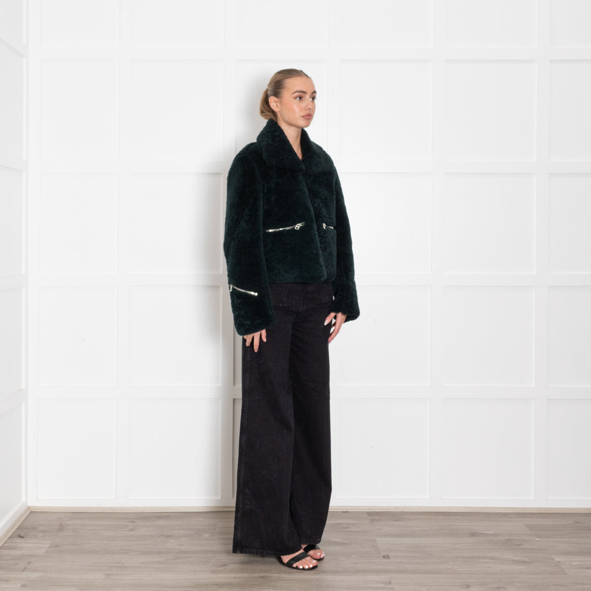 Sandro Dark Green Sheepskin Zip Up Short Jacket