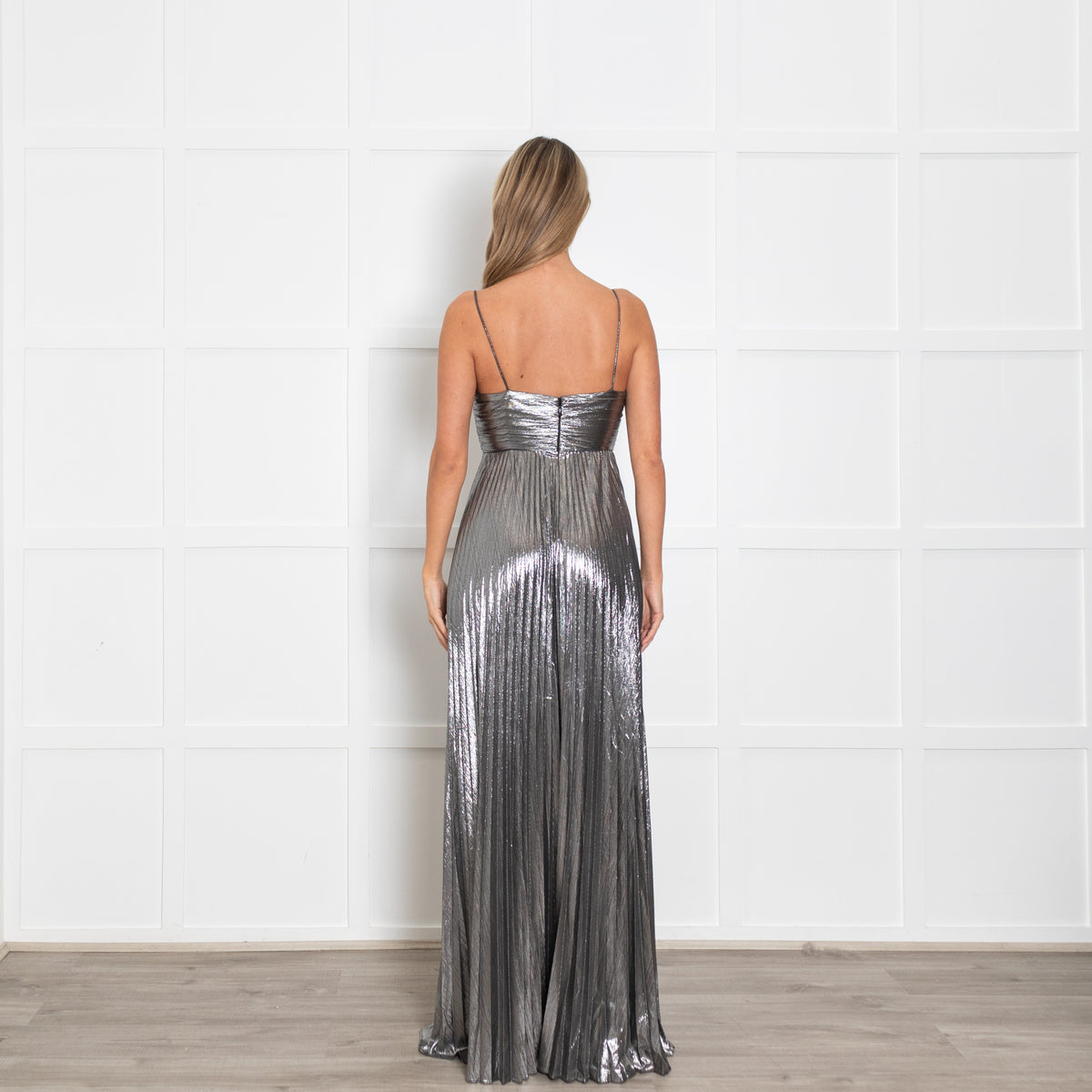 Retrofete Silver Lame Maxi Dress with Micro Pleat Skirt