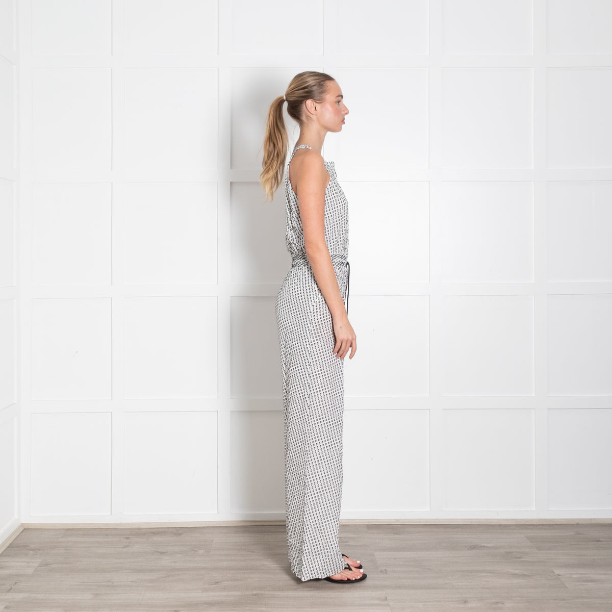 Me + Em White Black Flecks Silk Blend Sleeveless Jumpsuit