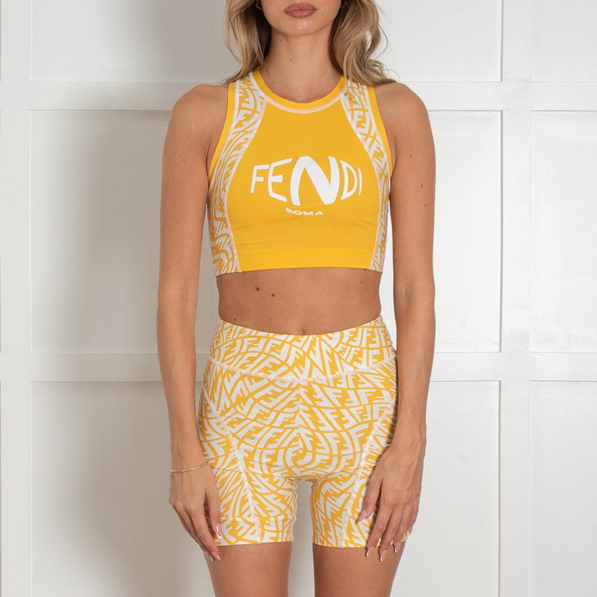 Fendi Yellow FF Vertigo Print Cropped Top And Cycling Shorts