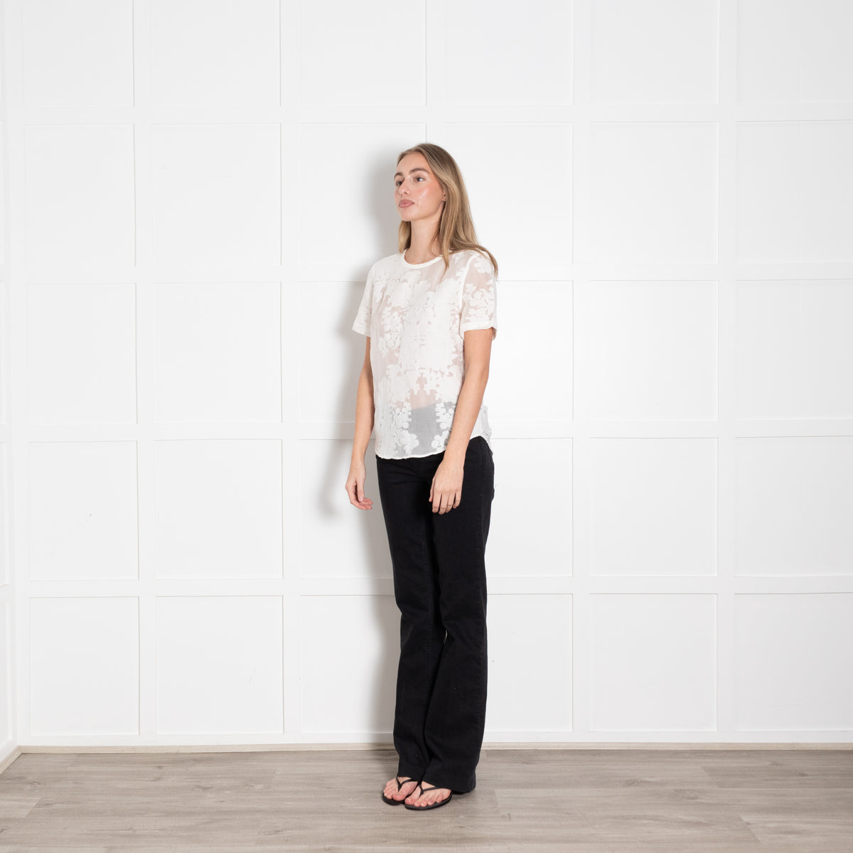 Equipment Cream Textured Floral Sheer Short Sleeve Top