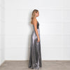 Retrofete Silver Lame Maxi Dress with Micro Pleat Skirt