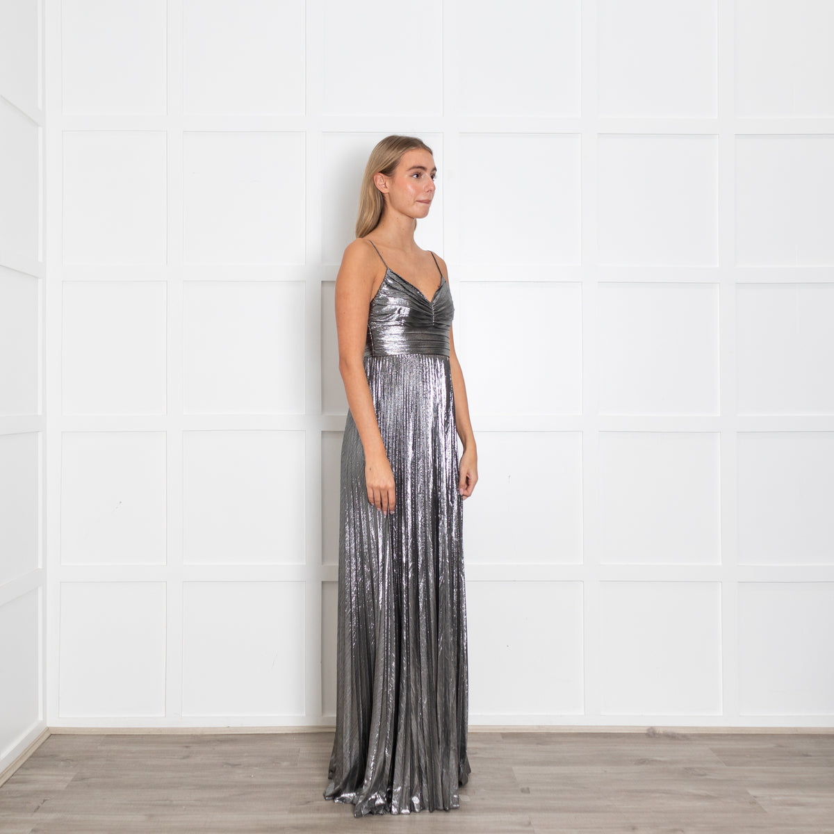 Retrofete Silver Lame Maxi Dress with Micro Pleat Skirt