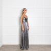 Retrofete Silver Lame Maxi Dress with Micro Pleat Skirt
