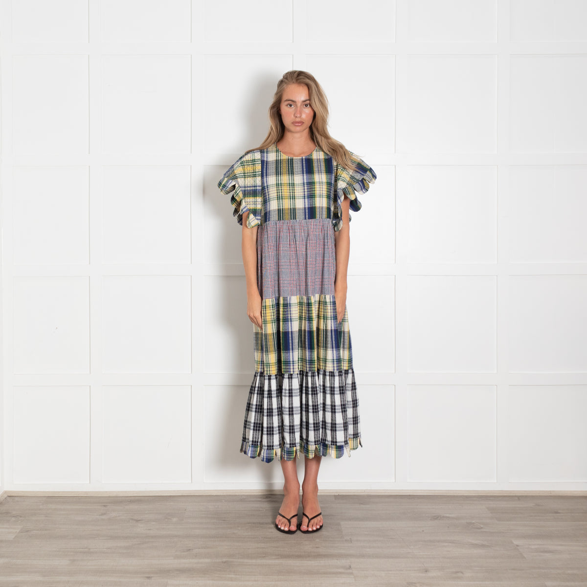 Stella Nova Multicolour Check Tiered Dress With Short Scallop Sleeves