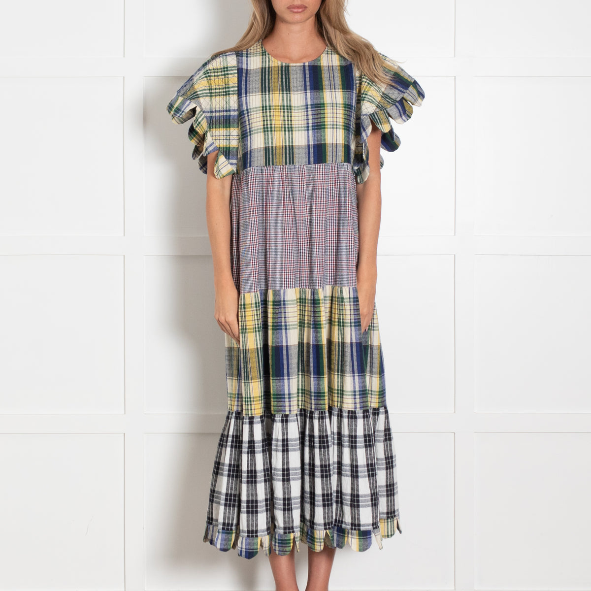 Stella Nova Multicolour Check Tiered Dress With Short Scallop Sleeves