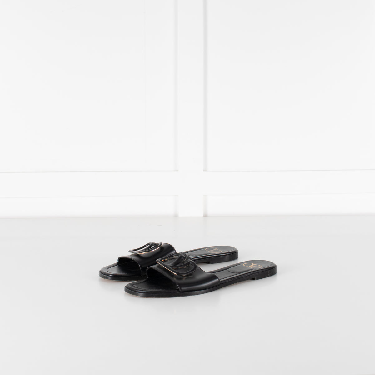 Valentino Black Leather Logo Sliders