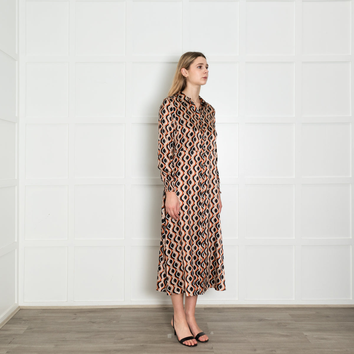Charlotte Sparre Black Brown White Print Front Open Silk Maxi Dress