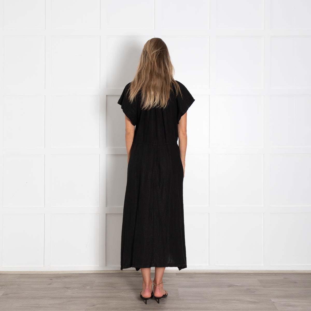 Velvet Black Cap Sleeve Linen Dress With Drawstring Waist