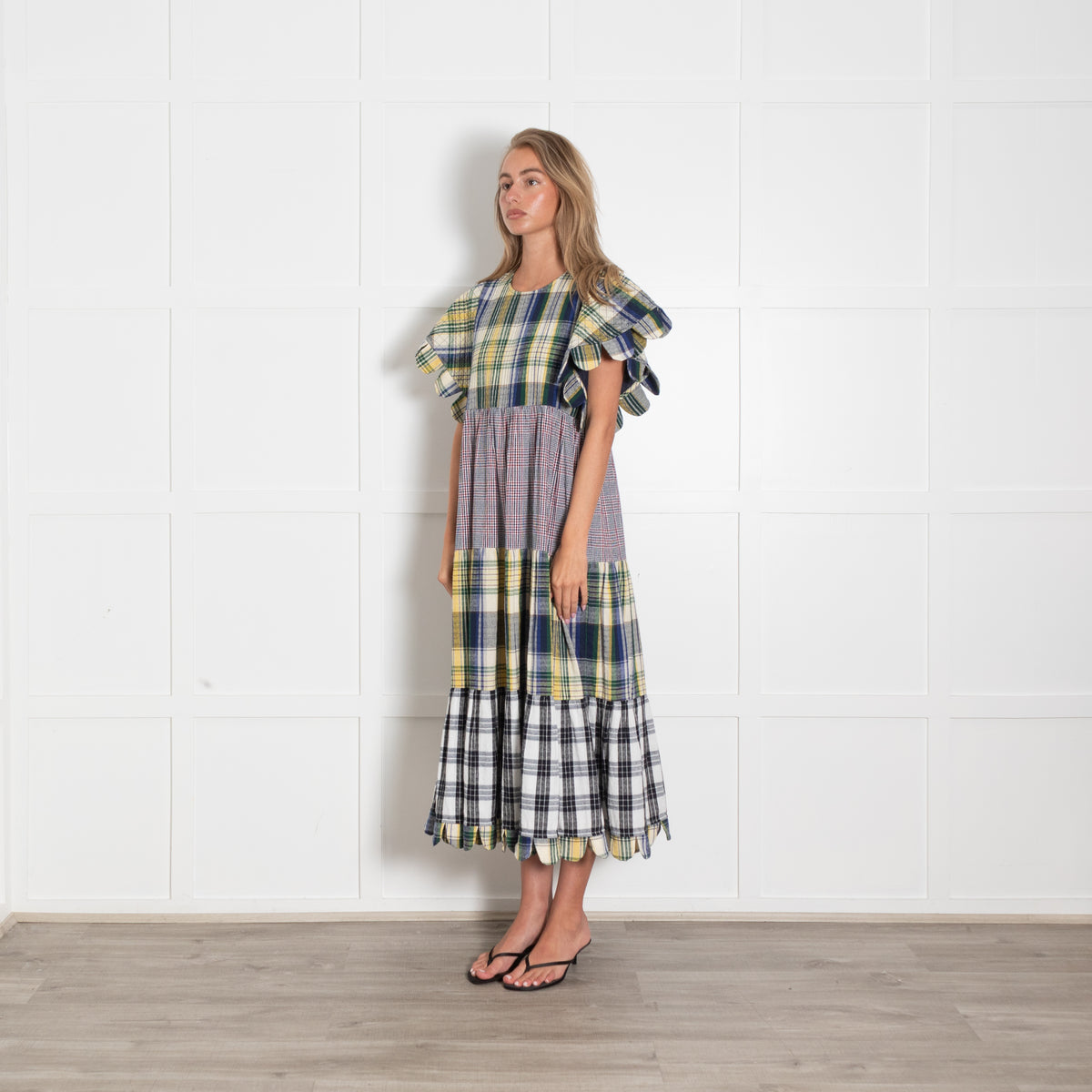 Stella Nova Multicolour Check Tiered Dress With Short Scallop Sleeves