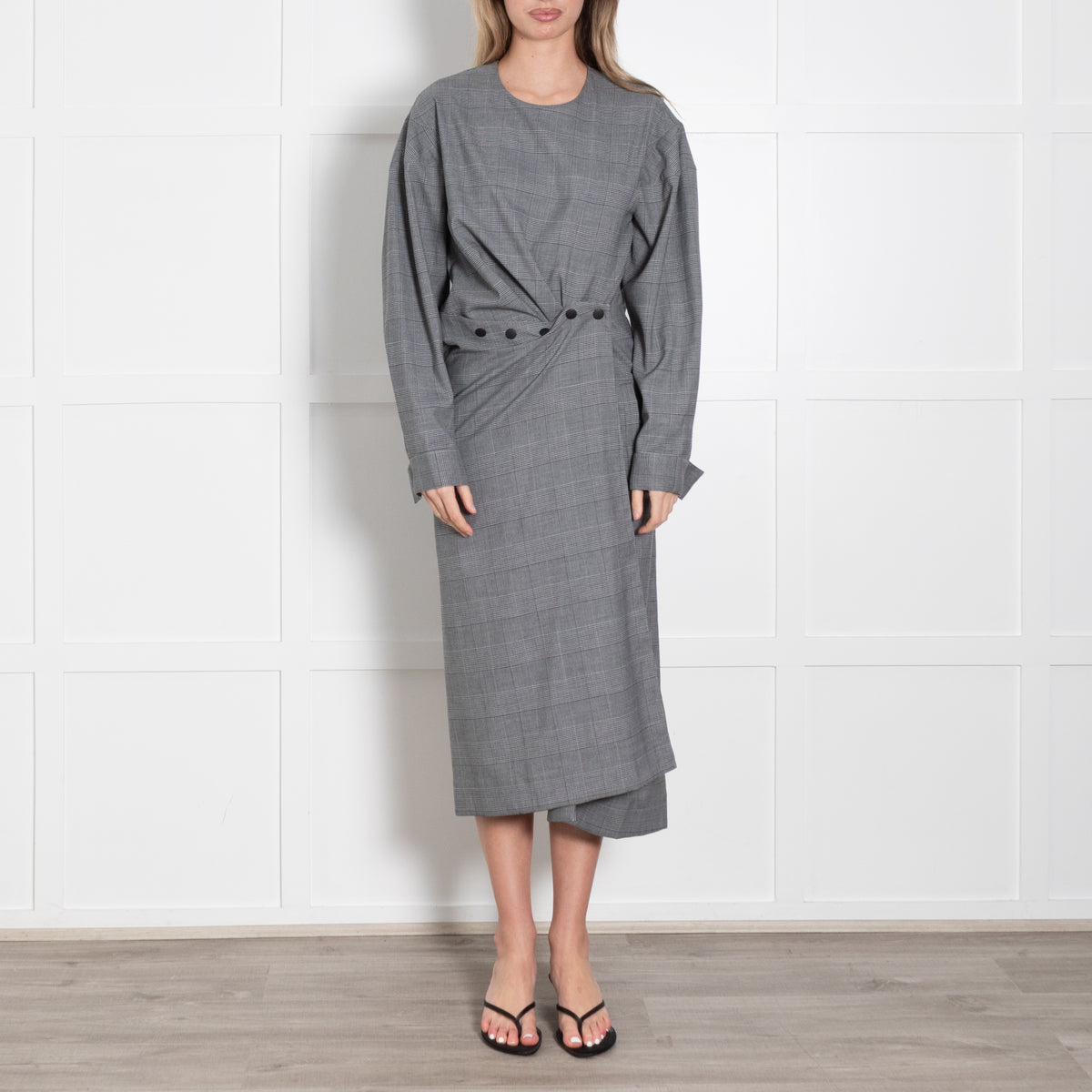 Tibi Grey Checked Long Sleeve Stud Detail Front Midi Dress