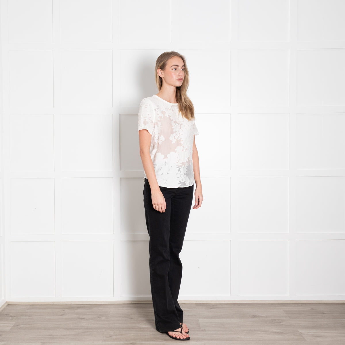 Equipment Cream Textured Floral Sheer Short Sleeve Top