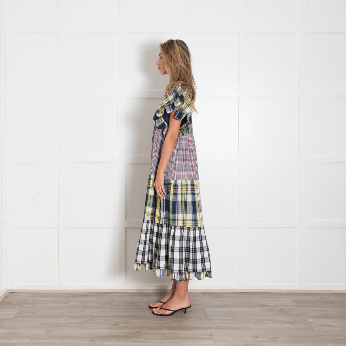 Stella Nova Multicolour Check Tiered Dress With Short Scallop Sleeves