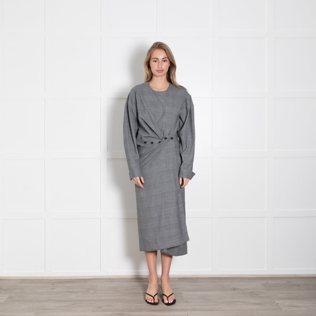Tibi Grey Checked Long Sleeve Stud Detail Front Midi Dress