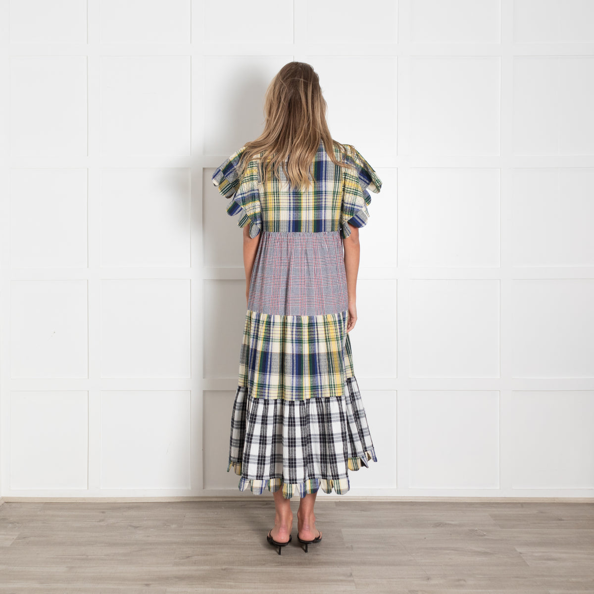 Stella Nova Multicolour Check Tiered Dress With Short Scallop Sleeves