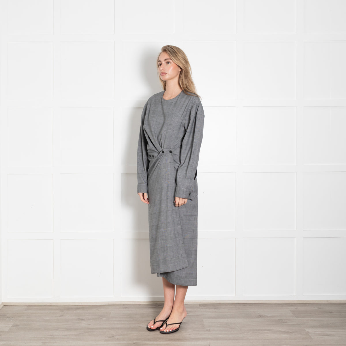 Tibi Grey Checked Long Sleeve Stud Detail Front Midi Dress