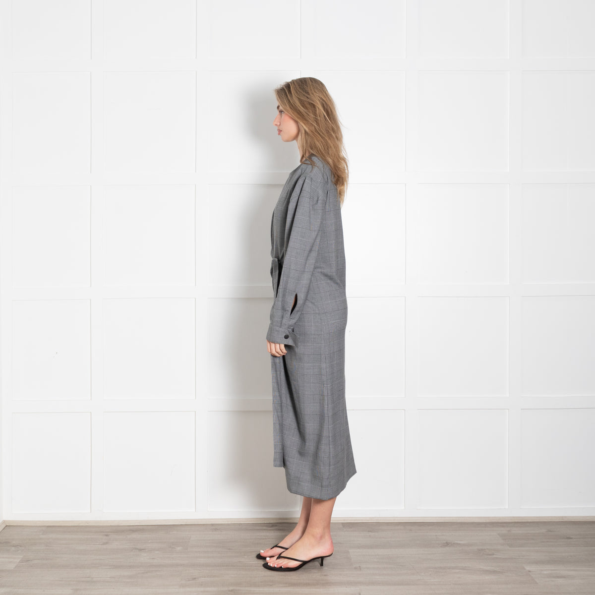 Tibi Grey Checked Long Sleeve Stud Detail Front Midi Dress