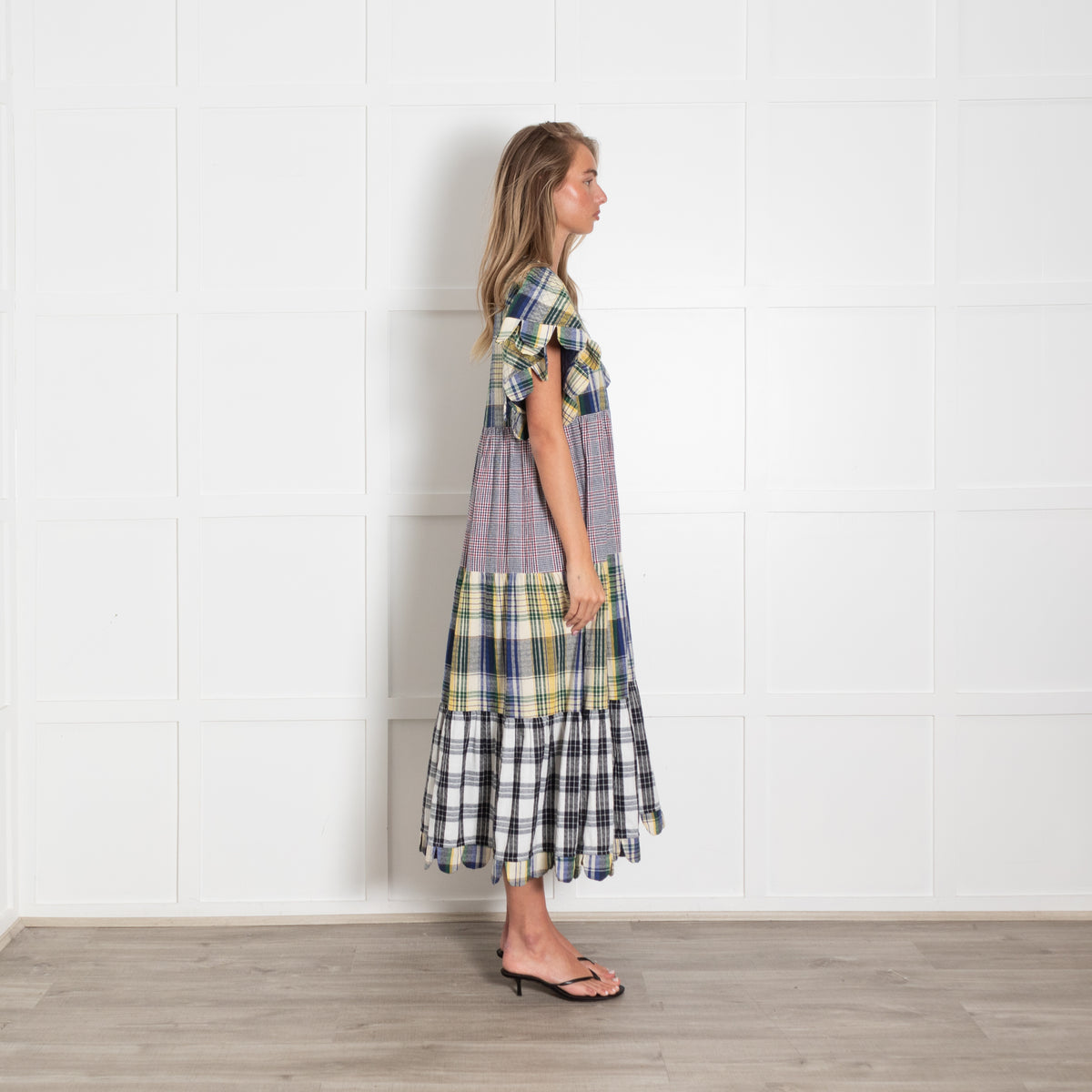 Stella Nova Multicolour Check Tiered Dress With Short Scallop Sleeves