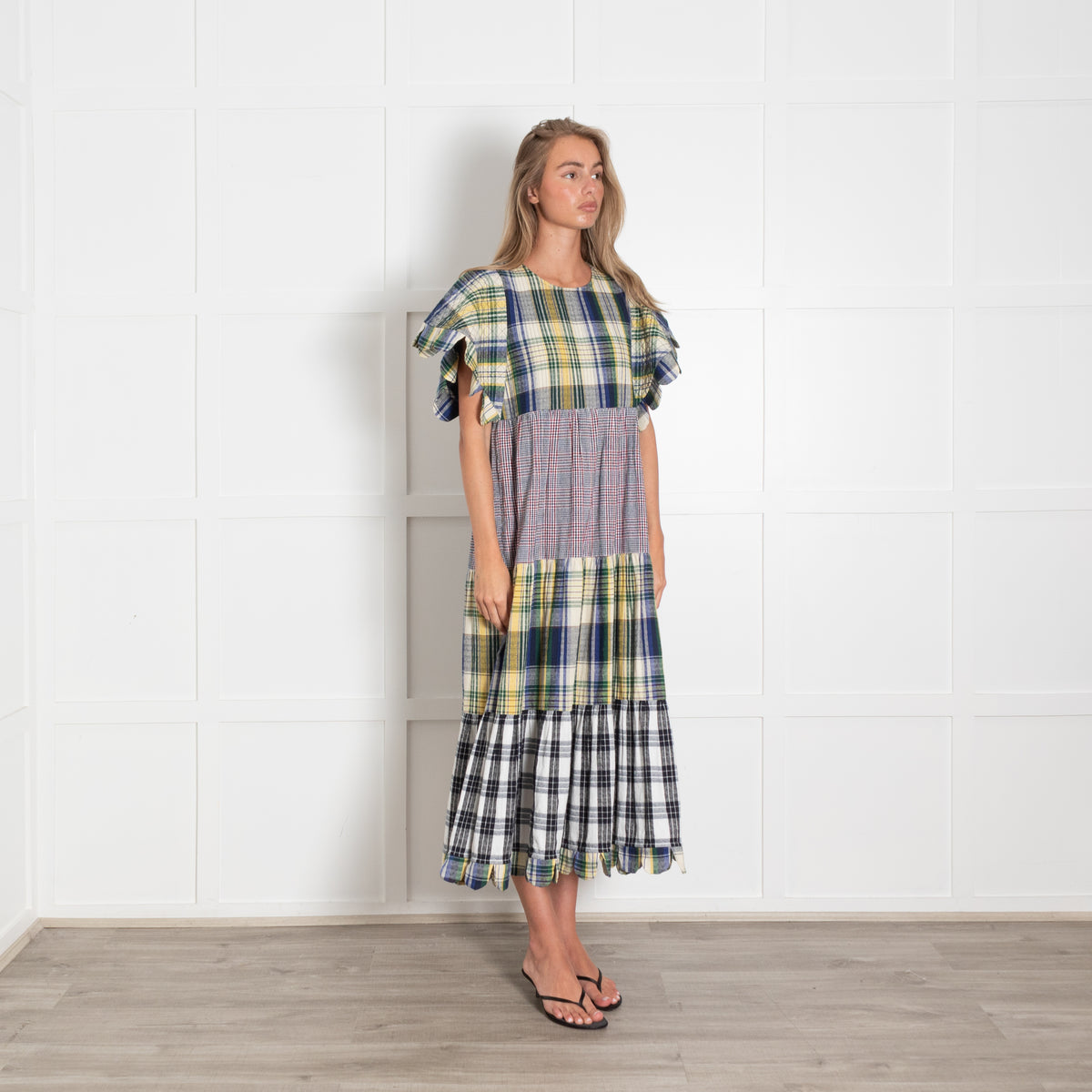 Stella Nova Multicolour Check Tiered Dress With Short Scallop Sleeves